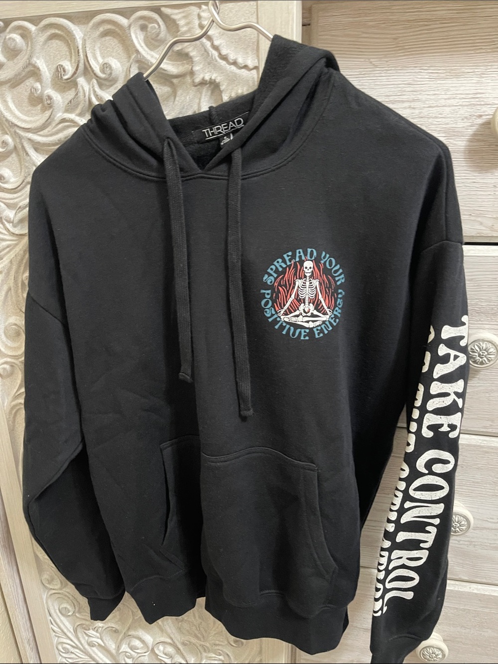 Thread & Supply Black Pullover Hoodie with Blue & Red Graphic